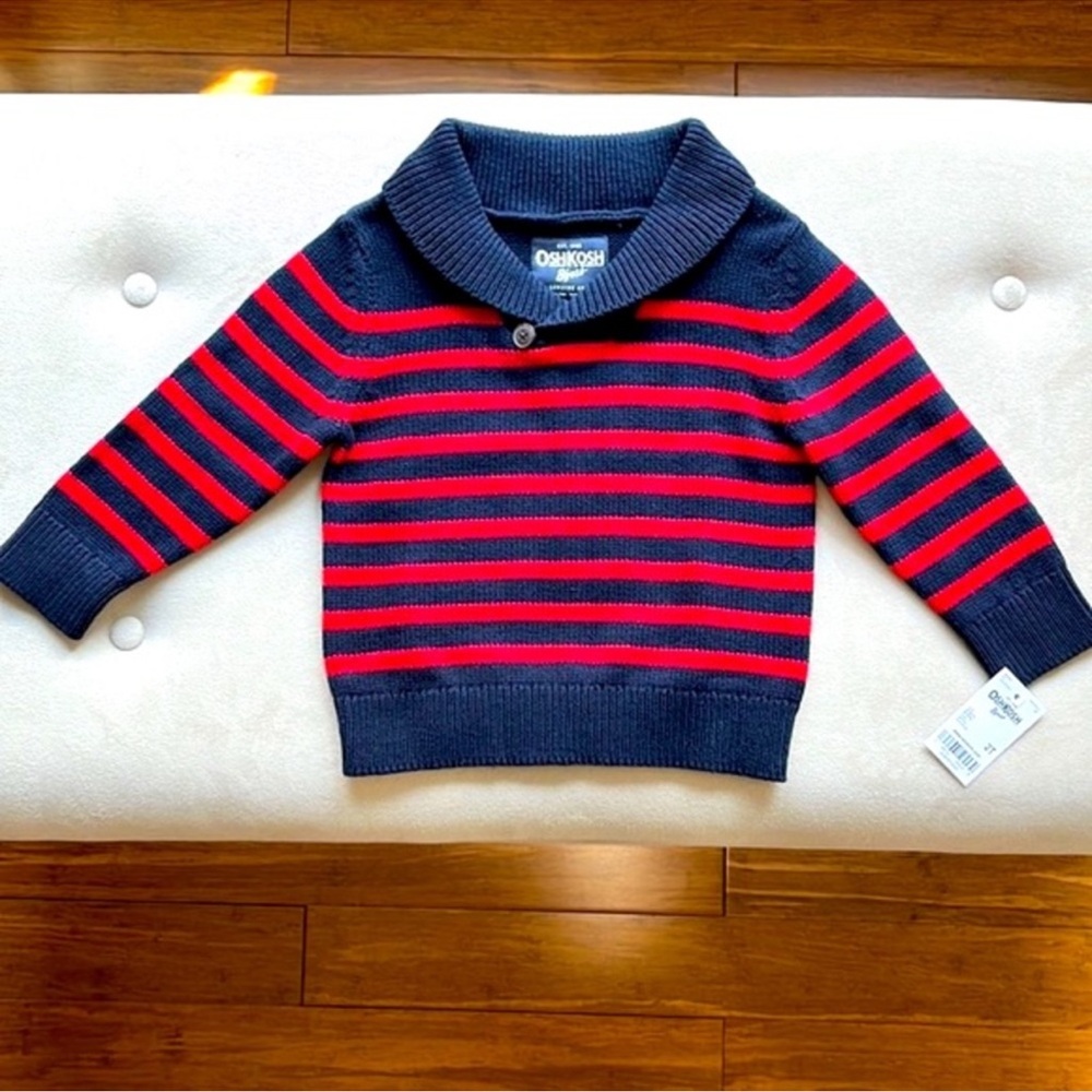 NWT OshKosh B'gosh Red and Blue Striped Sweater with Shawl Collar